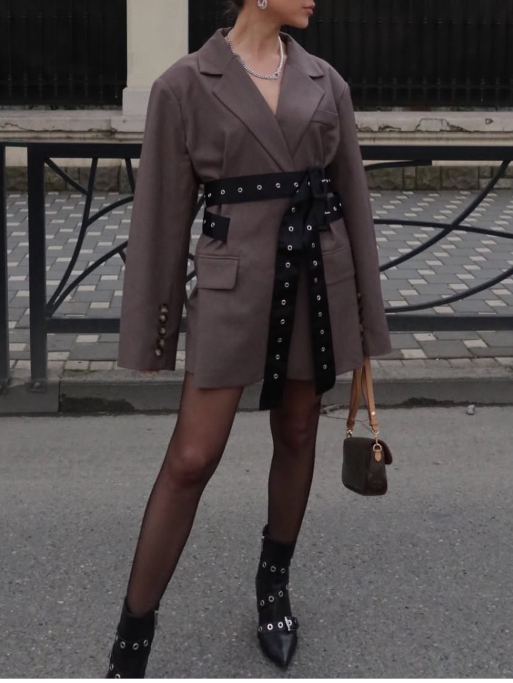 NEW Commense Retro Button Blazer with Belt Size Small Brown Black NWT